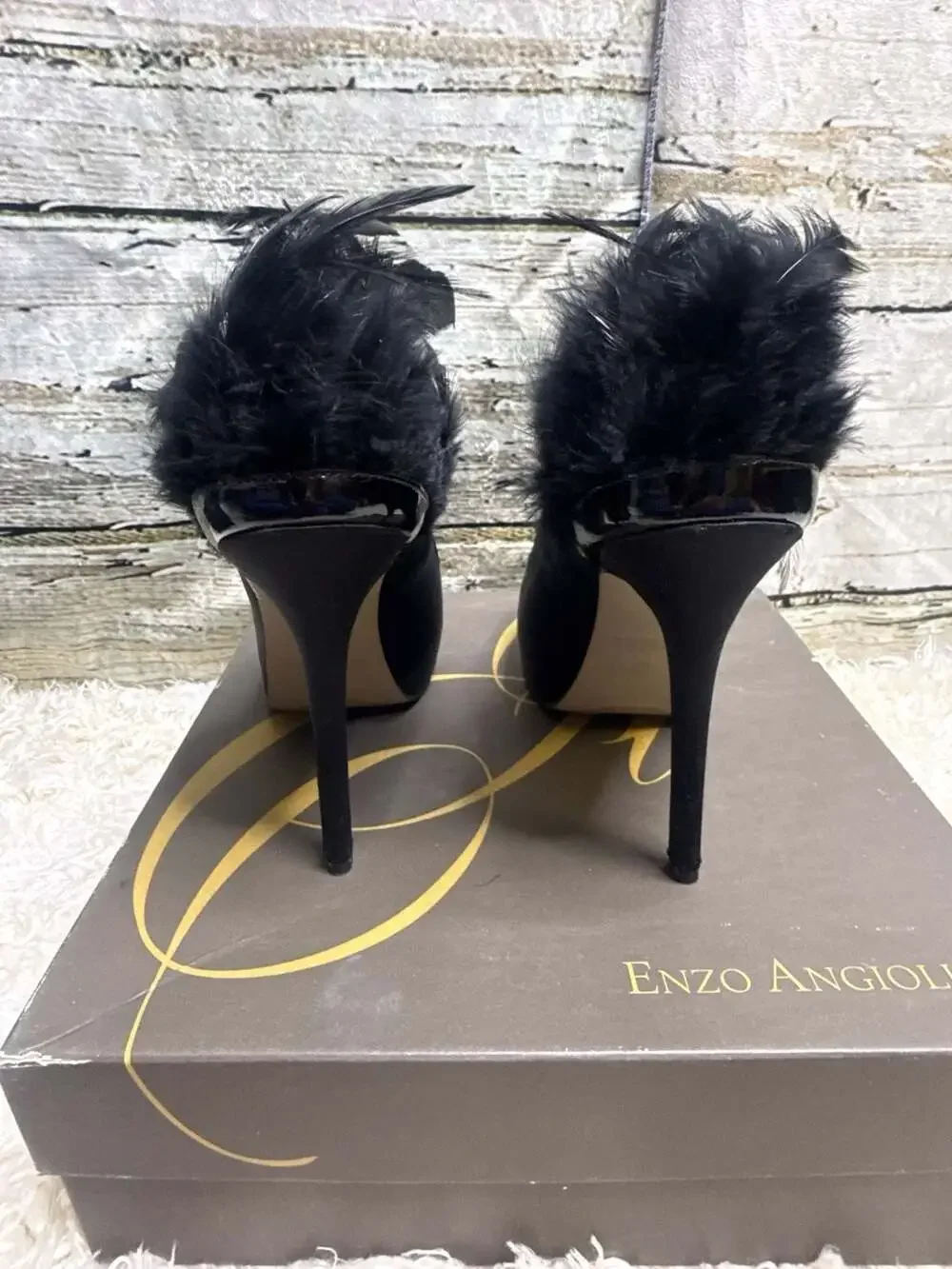 Enzo Angiolini Torrez 10 Heels Feather Platform Pump Black Satin Stiletto